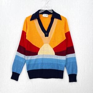 VINTAGE 70s Rainbow Sweater Mens Long Sleeve Polo California Dreamin COLLEGE MAN